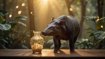 A tapir curiously approaches a decorative vase in a sunlit forest setting. photo