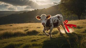 A playful calf with a red ribbon running through a sunlit field. photo