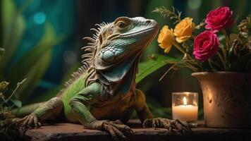 A colorful lizard poses beside flowers and a candle in a serene, nature-inspired setting. photo