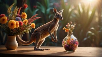 A kangaroo stands beside a vase of colorful flowers on a wooden table in a serene setting. photo