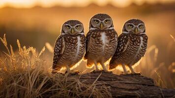 Three burrowing owls perched on a log during sunset in a grassy field. photo