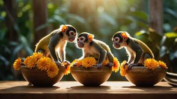 Three monkeys sitting on bowls of flowers, enjoying a serene moment in nature. photo