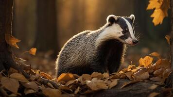 A badger stands amidst autumn leaves in a serene forest setting. photo