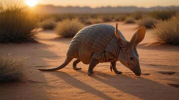 A whimsical creature in a desert landscape during sunset. photo
