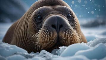 A close-up of a walrus resting on ice, showcasing its distinct features and whiskers. photo