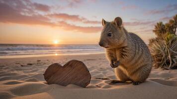 A cute animal stands next to a heart-shaped object on a beach at sunset. photo