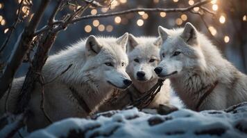 Three white wolves in a snowy landscape with soft lights in the background. photo