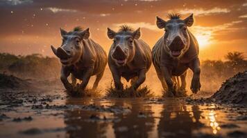 Three wild boars running through water at sunset, creating a dynamic and vibrant scene. photo