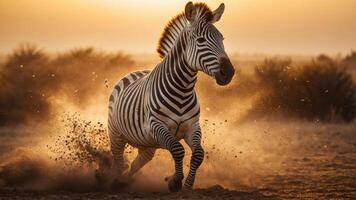 A zebra galloping through a dusty landscape at sunset, creating a dynamic and vibrant scene. photo