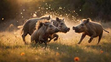 Four wild boars playfully running through a sunlit field with a soft, blurred background. photo