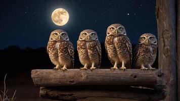 Four owls perched on a log under a full moon in a starry night sky. photo