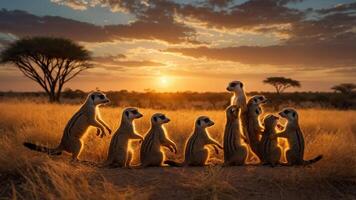 A group of meerkats stands together at sunset in a savanna landscape. photo