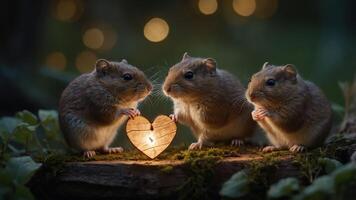 Three adorable rodents holding a glowing heart-shaped light in a serene, natural setting. photo
