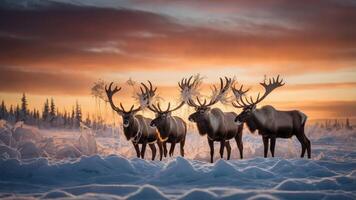 A serene winter scene featuring a group of reindeer against a colorful sunset backdrop. photo