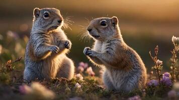 Two adorable squirrels interact amidst flowers in a serene natural setting. photo