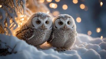Two snowy owls perched together in a winter landscape with soft lights in the background. photo