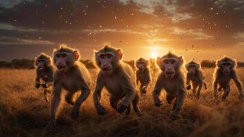 A group of baboons running towards the camera during sunset in a grassy landscape. photo