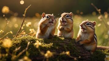 Three chipmunks playfully interacting on a mossy log in a sunlit meadow. photo