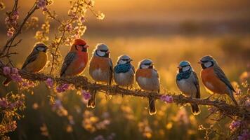 A vibrant scene of colorful birds perched on a branch during sunset. photo