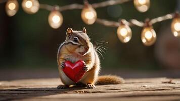 A chipmunk holds a red heart in a warm, festive setting with string lights in the background. photo