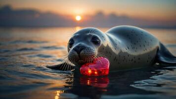 A seal floats in water at sunset, holding a red heart-shaped object in its mouth. photo