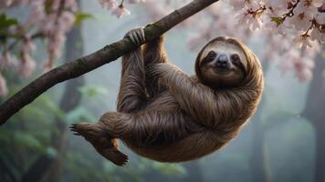 A sloth hanging from a branch surrounded by cherry blossoms in a misty forest setting. photo