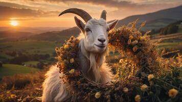 A goat adorned with flowers against a sunset backdrop in a serene landscape. photo