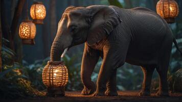 An elephant interacts with a lantern in a lush forest setting. photo