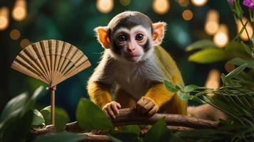 A playful monkey poses among greenery and decorative elements, showcasing its curiosity. photo