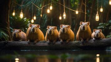 A serene gathering of capybaras by a pond, adorned with string lights in a lush setting. photo
