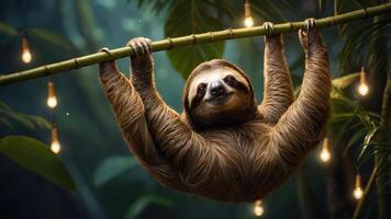 A sloth hanging from a bamboo branch in a lush, illuminated forest setting. photo