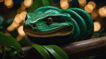 A close-up of a vibrant green snake resting on a branch, surrounded by soft, glowing lights. photo