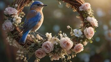 A bluebird perched on a floral wreath, symbolizing nature's beauty and tranquility. photo