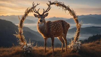 A majestic deer stands within a floral arch at sunrise, surrounded by mountains and mist. photo