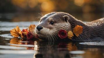 An otter floats in water adorned with autumn leaves and roses, capturing a serene moment. photo