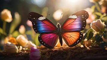 A vibrant butterfly perched among colorful flowers, illuminated by soft sunlight. photo