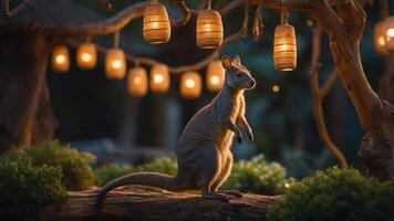 A kangaroo stands under glowing lanterns in a serene, natural setting. photo