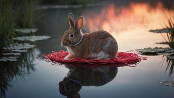 A rabbit sits on a red nest in a tranquil pond at sunset. photo