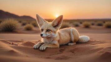 A fennec fox resting on desert sand during sunset, showcasing its large ears and soft fur. photo