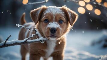 A cute puppy with snow on its fur, surrounded by a winter landscape and soft lighting. photo