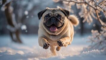 A playful pug joyfully running through the snow, capturing a moment of winter fun. photo