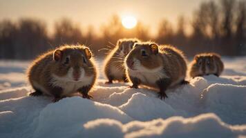 A group of guinea pigs exploring a snowy landscape during sunset. photo