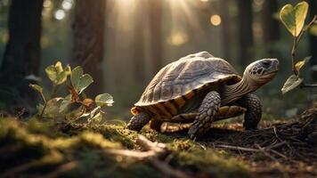 A turtle exploring a sunlit forest floor surrounded by greenery. photo