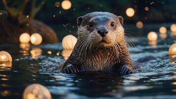 An otter swims in a serene setting, surrounded by glowing lanterns in the water. photo