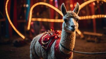 A decorated llama stands in a circus setting, illuminated by colorful lights. photo