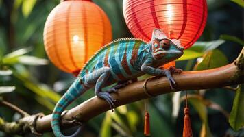 A colorful chameleon perched on a branch with lanterns in a lush environment. photo