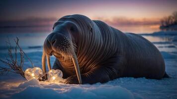 A walrus resting on ice at sunset, surrounded by glowing heart-shaped lights. photo
