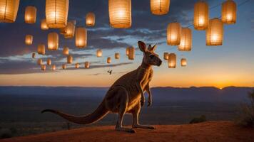 A kangaroo stands against a sunset backdrop with glowing lanterns hanging above. photo