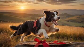 A joyful dog leaps in a sunlit field, celebrating with a festive ribbon and a decorative platter. photo