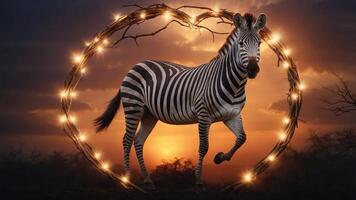 A zebra stands majestically within a glowing circular frame at sunset. photo